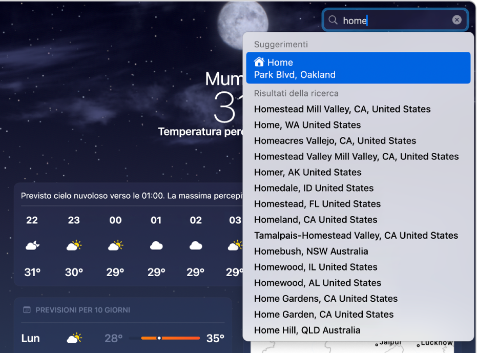 La parola casa è stata inserita nella barra di ricerca dell’app Meteo. L‘indirizzo di casa viene visualizzato per primo, sopra gli altri risultati di ricerca.