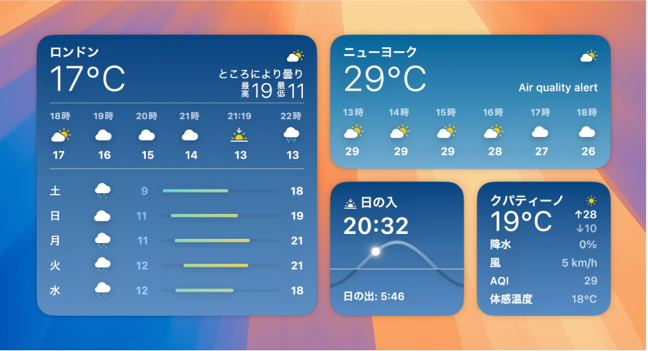 小さい、中くらいの、および大きい「天気」ウィジェット。