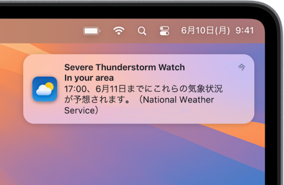 激しい雷雨についての国立気象局からの警報が表示されている通知。