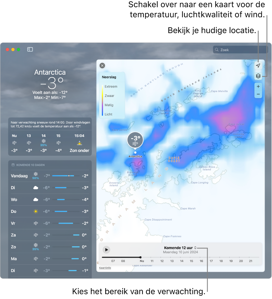 De Weer-app met de locatie, de huidige temperatuur en weersomstandigheden, de verwachting per uur en de 10-daagse verwachting en een tijdlijn.