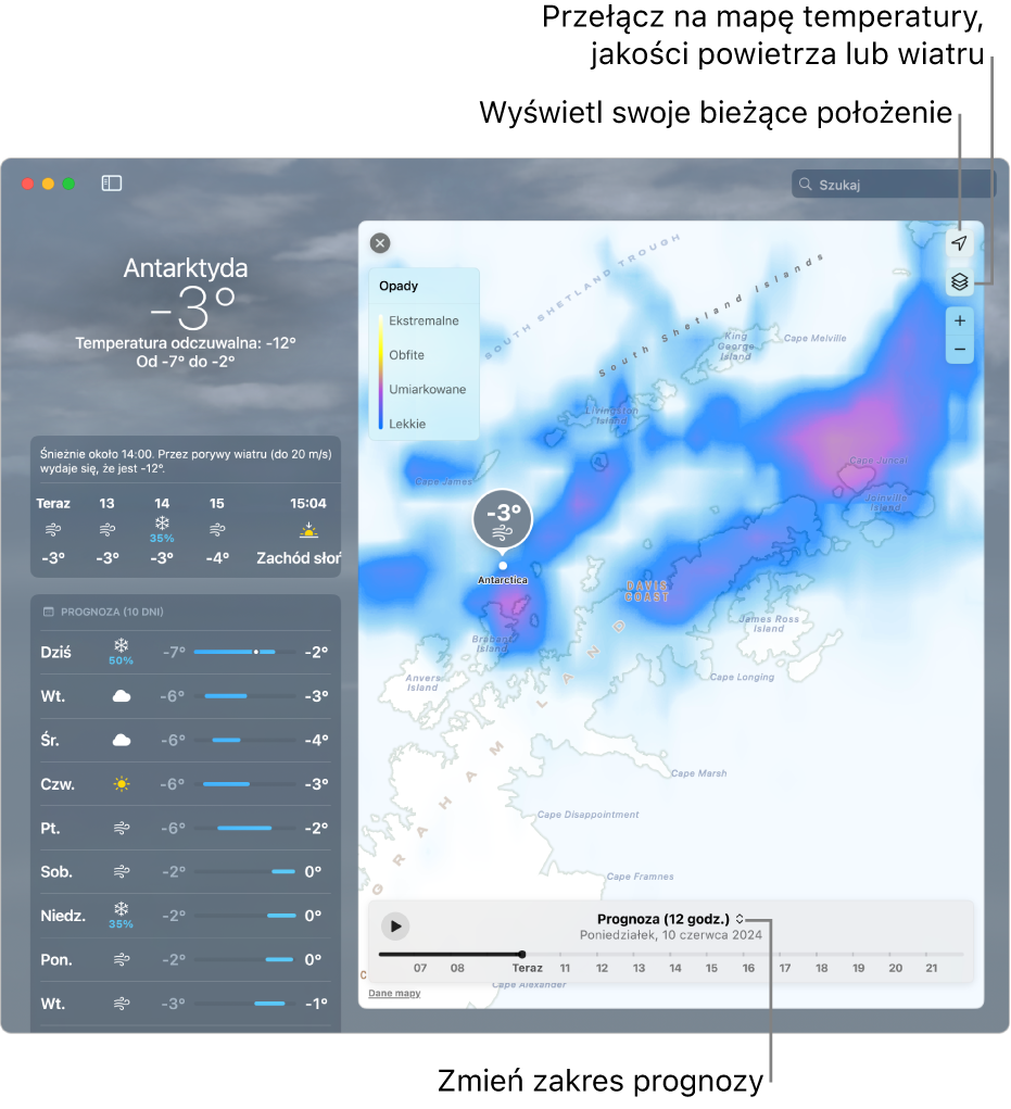 Aplikacja Pogoda pokazujące miejsce, aktualną temperaturę i warunki pogodowe, prognozę godzinową i prognozę 10-dniową oraz linię czasową.