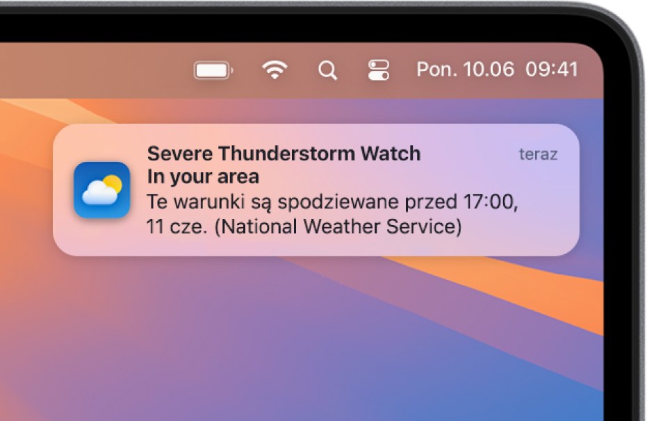 Powiadomienie pokazujące ostrzeżenie z Krajowej Służby Pogodowej o gwałtownej burzy z piorunami.
