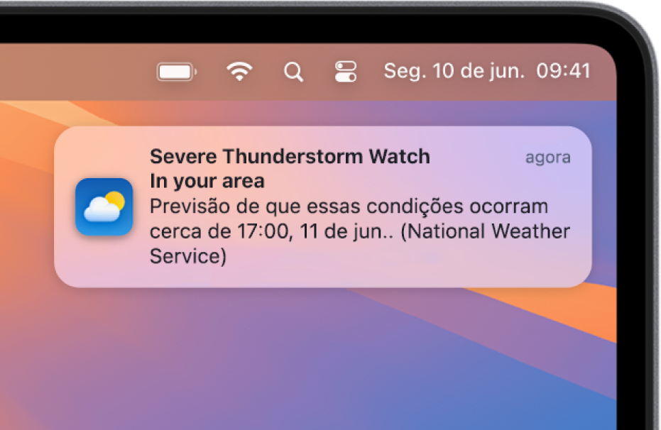 Uma notificação que mostra um alerta do Serviço Nacional de Meteorologia sobre trovoadas fortes.