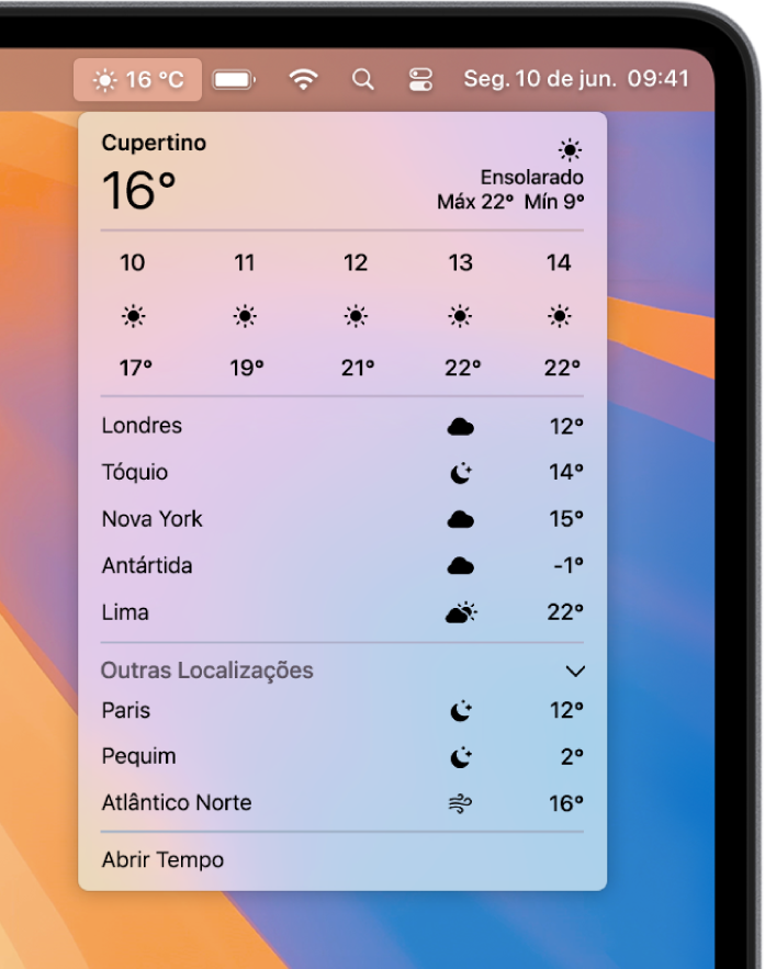 Acesse dados do tempo na barra de menus.