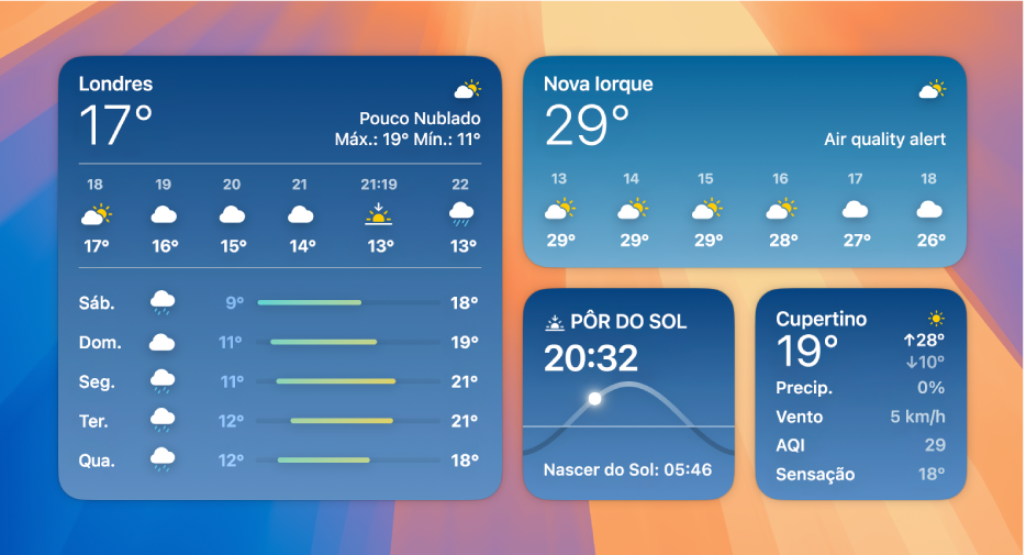 Widgets do app Tempo em tamanho pequeno, médio e grande.