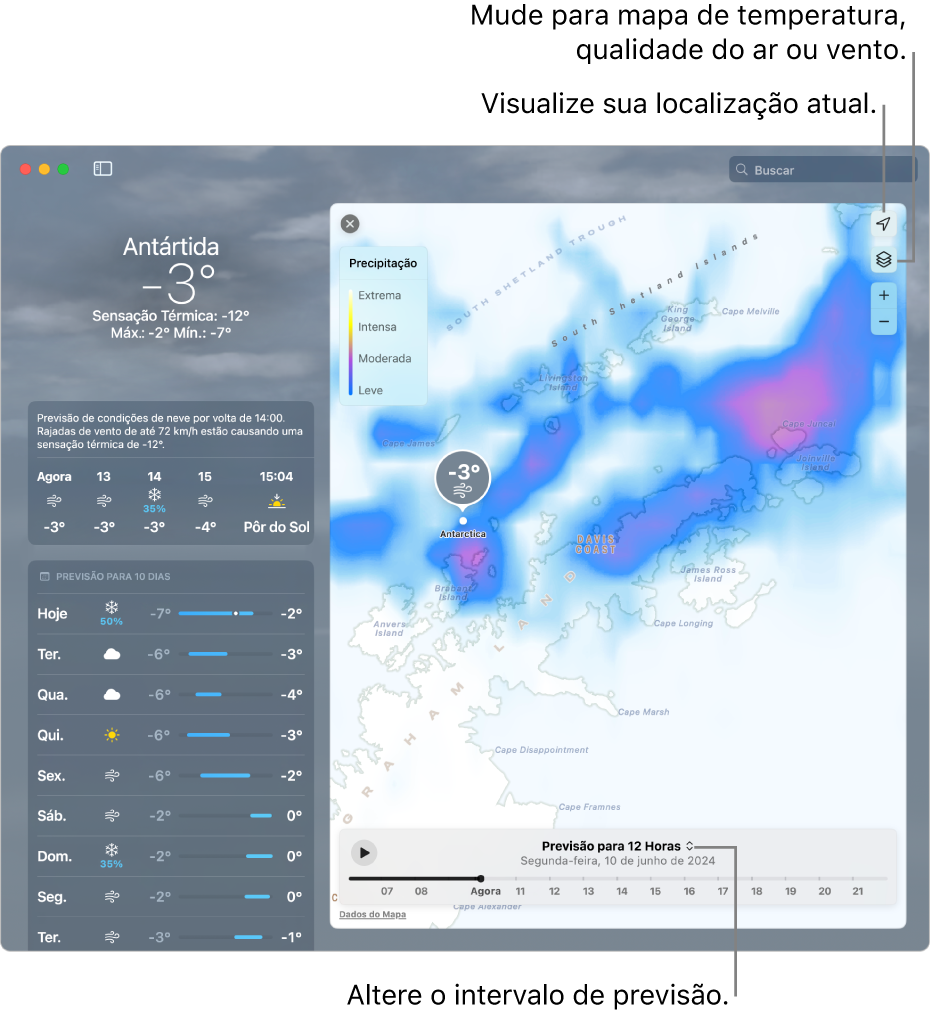 O app Tempo mostrando a localização, a temperatura atual e as condições do tempo, previsões horárias e para 10 dias, além de uma linha do tempo.