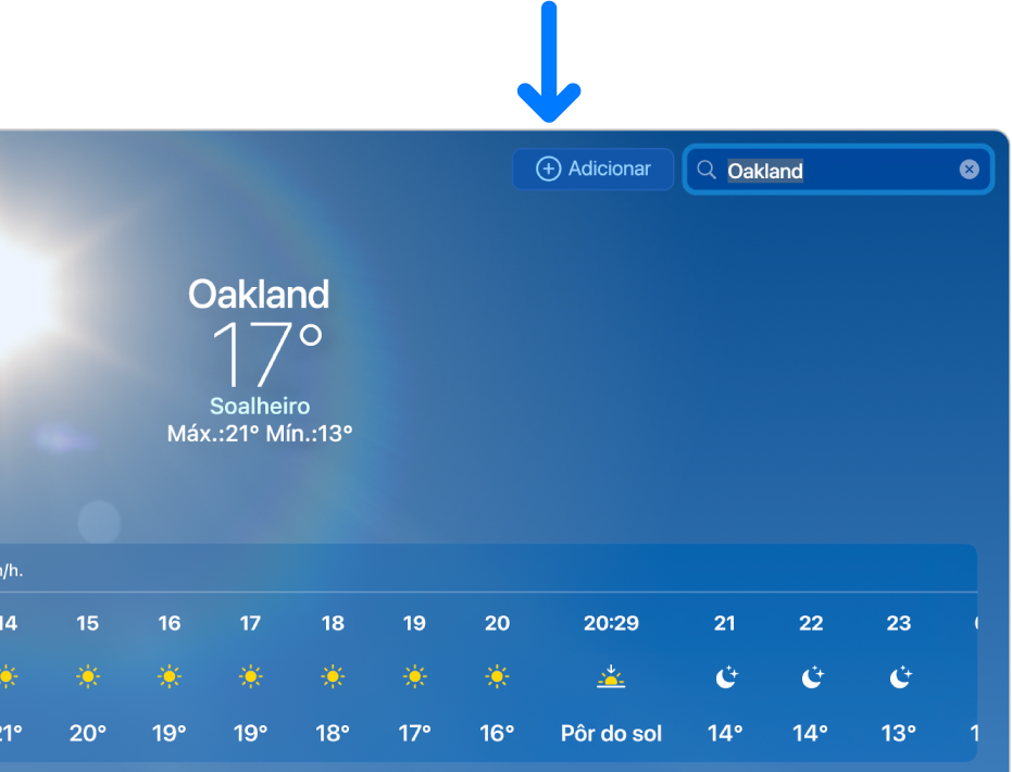 A aplicação Meteorologia com um resultado da pesquisa de um nome da cidade.