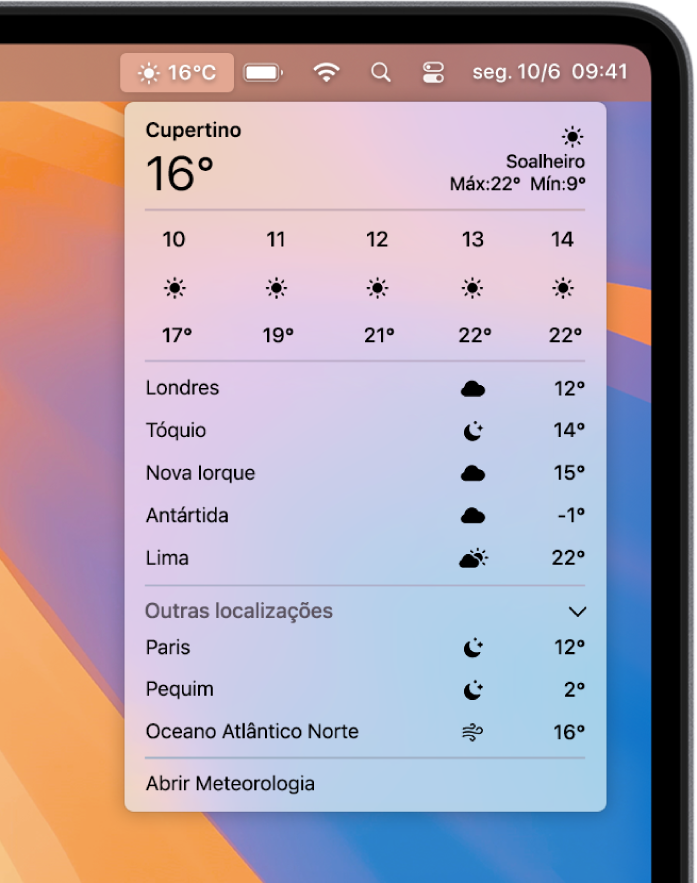 Aceder aos dados de meteorologia na barra de menus.