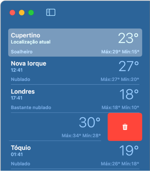A barra lateral a mostrar diversas localizações numa lista.