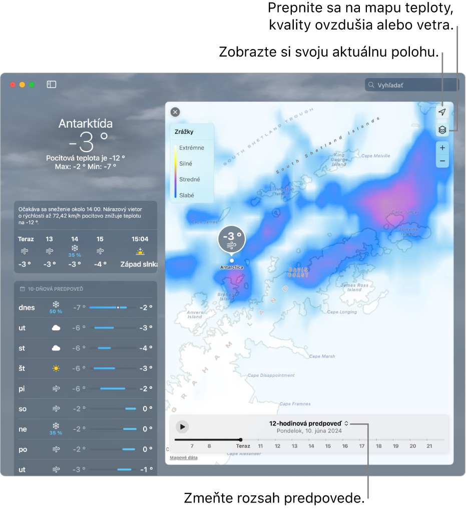Okno apky Počasie zobrazujúce lokalitu, aktuálnu teplotu a poveternostné podmienky, hodinovú a 10-dňovú predpoveď a časovú os.
