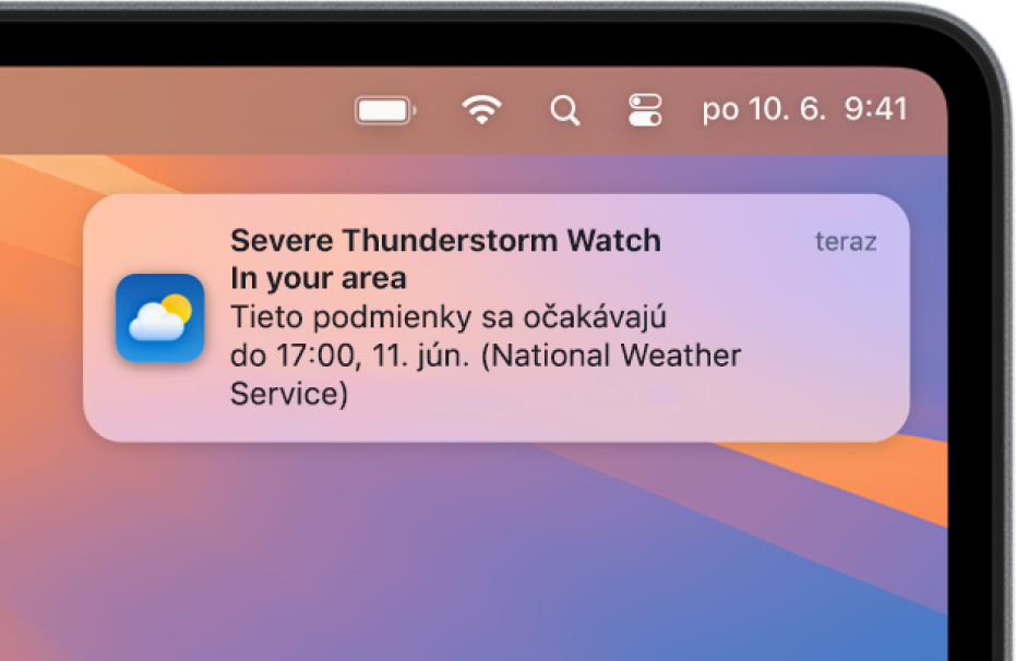 Hlásenie zobrazujúce výstrahu z národnej meteorologickej služby týkajúce sa silných búrok.