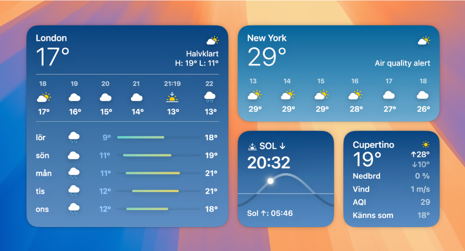 Små, medelstora och stora väderwidgetar.