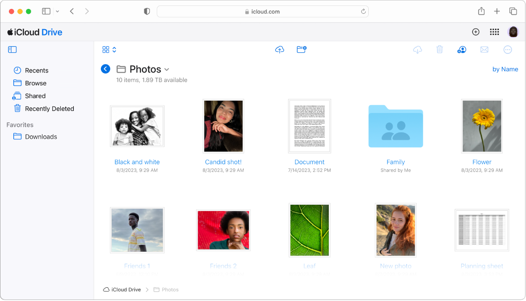 iCloud Drive is open on iCloud.com, and shows a folder containing photos and documents.