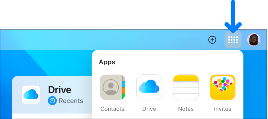  Sur la page d’accueil d’iCloud.com, le Lanceur d’apps est ouvert et montre les apps suivantes : Contacts, iCloud Drive, Notes et Invitations.