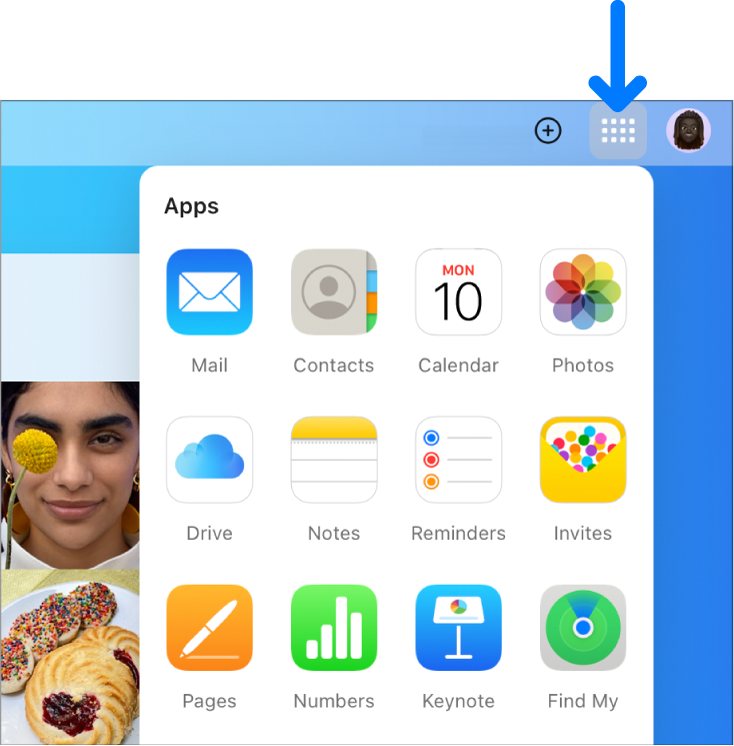 Der App-Starter auf der iCloud-Homepage ist geöffnet und zeigt die folgenden Apps an: Mail, Kontakte, Kalendar, Fotos, iCloud Drive, Notizen, Erinnerungen, Einladungen, Pages, Numbers, Keynote und „Wo ist?“.