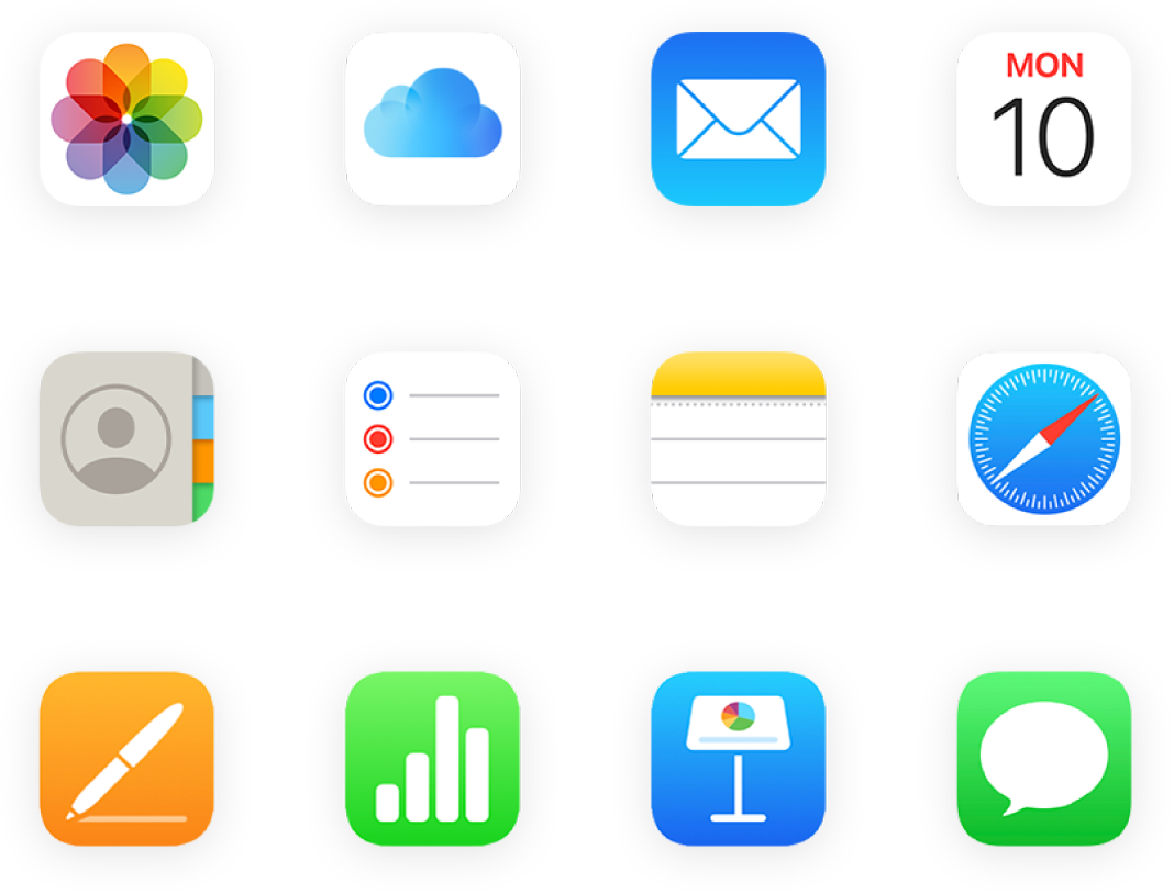 Una cuadrícula de iconos de apps como Fotos, iCloud Drive, Mail y más.