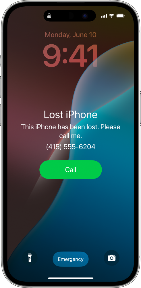 An iPhone Lock Screen with the message: “Lost iPhone”. This iPhone has been lost. Please call me. +1 (415) 555-6204.”