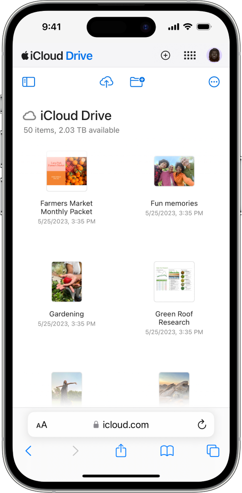 L’iCloud Drive és obert a iCloud.com en un iPhone i mostra una carpeta que inclou fotos i documents.
