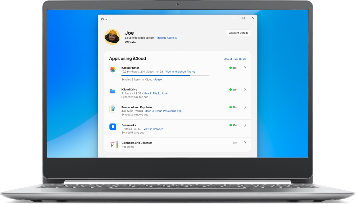 iCloud for Windows open on a PC.