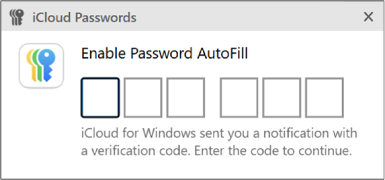 The dialogue for entering a verification code in iCloud Passwords.