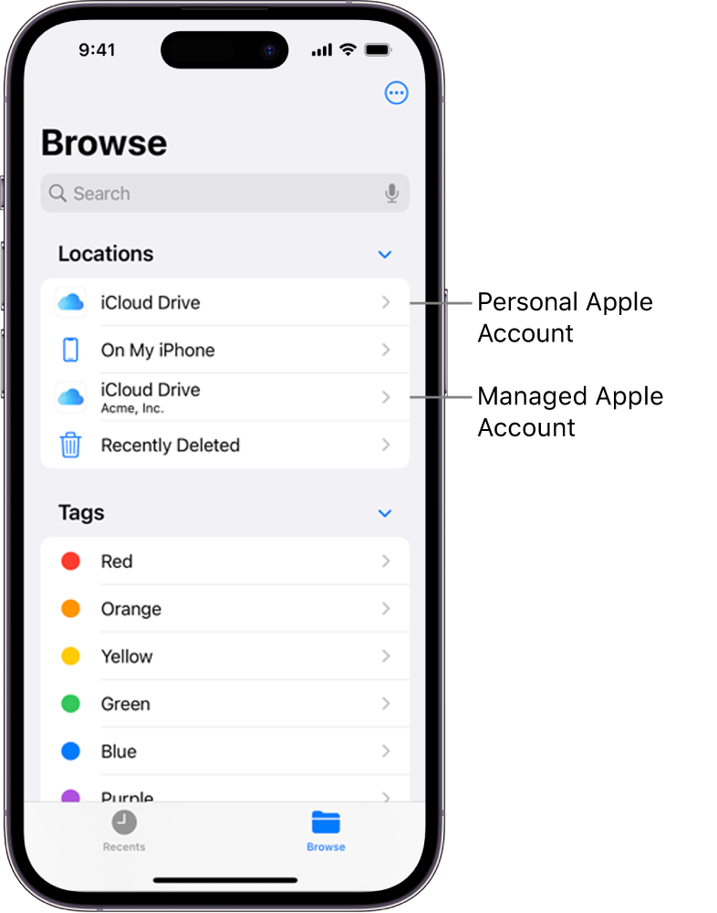 An iPhone screen showing two iCloud Drives, one using a personal Apple Account and one using a Managed Apple Account.