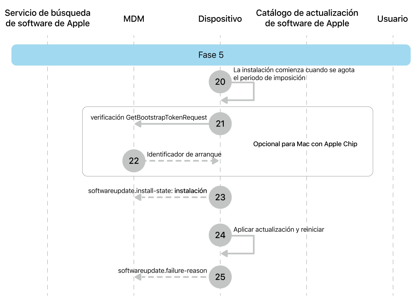 La quinta fase mostrando los pasos del 20 al 25 de la imposición de actualización de software de Apple.