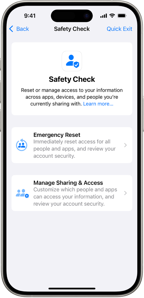 An iPhone showing the Safety Check screen.