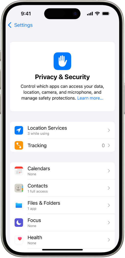 An iPhone showing the Privacy & Security screen in Settings.