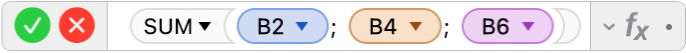 محرر الصيغ يعرض الصيغة =SUM‏(B2‏; B4‏; B6)‎.