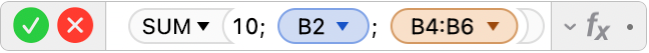 محرر الصيغ يعرض الصيغة =SUM‏(10‏; B2‏; B4:B6)‎.