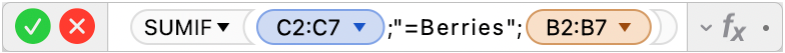 محرر الصيغ يعرض الصيغة =SUMIF‏(C2:C7‏;"=Berries"‏;B2:B7)‎.