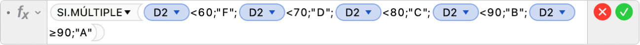 L'editor de fórmules mostra la fórmula =SI.MÚLTIPLE(D2<60;"F";D2<70;"D";D2<80;"C";D2<90;"B";D2≥90;"A").