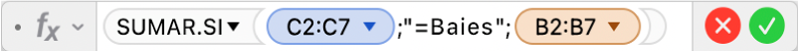 L'editor de fórmules mostra la fórmula =SUMAR.SI(C2:C7;"=Baies";B2:B7).
