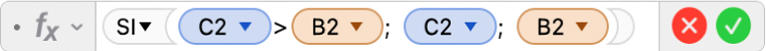 L'editor de fórmules mostra la fórmula =SI(C2>B2; C2; B2).