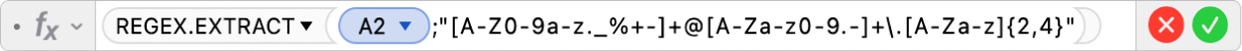 Editor vzorců zobrazující vzorec =REGEX.EXTRACT(A2;"[A-Z0-9a-z._%+-]+@[A-Za-z0-9.-]+\.[A-Za-z]{2,4}")