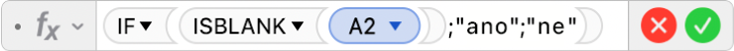 Editor vzorců zobrazující vzorec =IF(ISBLANK(A2);"yes";"no").