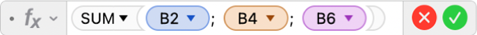 Formelværktøjet viser formlen =SUM(B2; B4; B6).