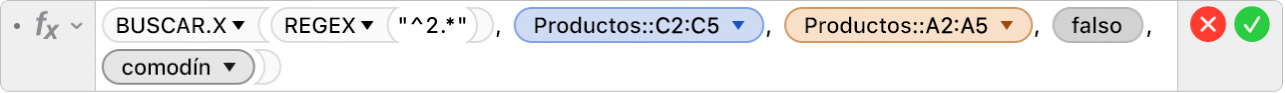 El editor de fórmulas mostrando la fórmula =BUSCAR.X(REGEX("^2.*"); Productos::C2:C5; Productos::A2:A5; FALSE,2).