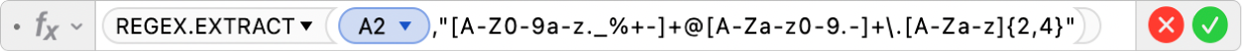 फ़ॉर्मूला संपादक जो फ़ॉर्मूला =REGEX.EXTRACT(A2,"[A-Z0-9a-z._%+-]+@[A-Za-z0-9.-]+\.[A-Za-z]{2,4}") दिखा रहा है