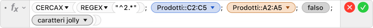 L’Editor di formule che mostra la formula =CERCAX(REGEX("^2.*"); Prodotti::C2:C5; Prodotti::A2:A5; FALSO;2).