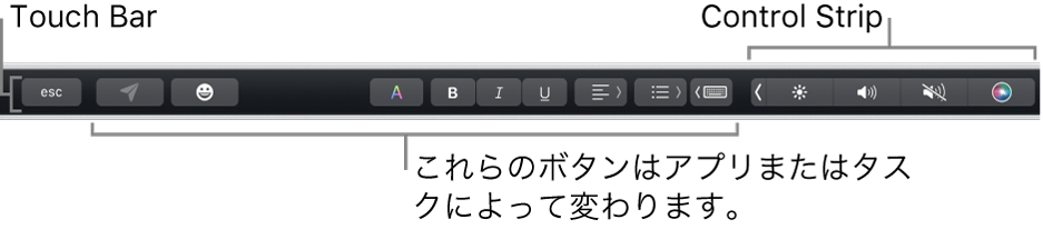キーボード上部のTouch Barの右側には折りたたまれたControl Stripが、左側にはアプリや作業によって異なるボタンが表示されています。