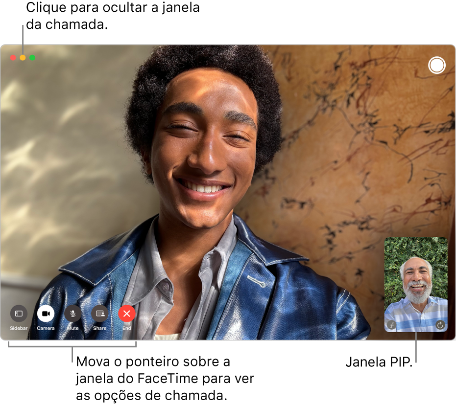 Mova o cursor sobre a janela do FaceTime para ver os botões Barra Lateral, Câmera, Silenciar, Compartilhar Tela, Desligar e Live Photo. Clique no botão do meio no canto superior esquerdo para ocultar a janela de ligação. A janela PIP aparece no canto inferior direito.