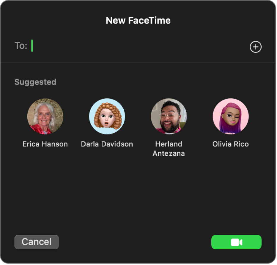 Окно «Новый FaceTime»: можно указать собеседников в поле «Кому» или выбрать в списке предложенных людей.