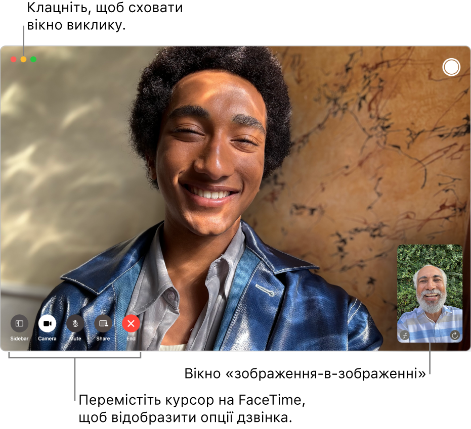 Наведіть указівник на вікно FaceTime, щоб зʼявилися опції «Бічна панель», «Камера», «Вимкнути звук», «Поширити екран», «Завершити виклик» і Live Photo. Клацніть середню кнопку у верхньому лівому куті, щоб сховати вікно дзвінка. Вікно із зображенням у зображенні відобразиться у правому нижньому кутку.