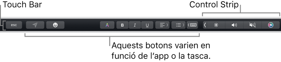La Touch Bar, situada a la part superior del teclat, que mostra la Control Strip contreta, a la dreta, i botons que varien segons l'aplicació o la tasca.