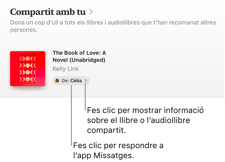 Una pantalla on es pot veure un llibre a la secció “Compartit amb tu”.