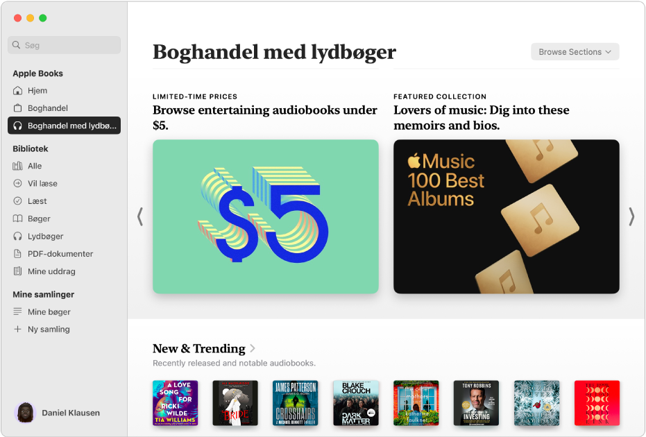 Et vindue i appen Bøger med Boghandel med lydbøger valgt i indholdsoversigten og titelkategorier vist til højre, herunder New & Trending og Limited-Time Prices.