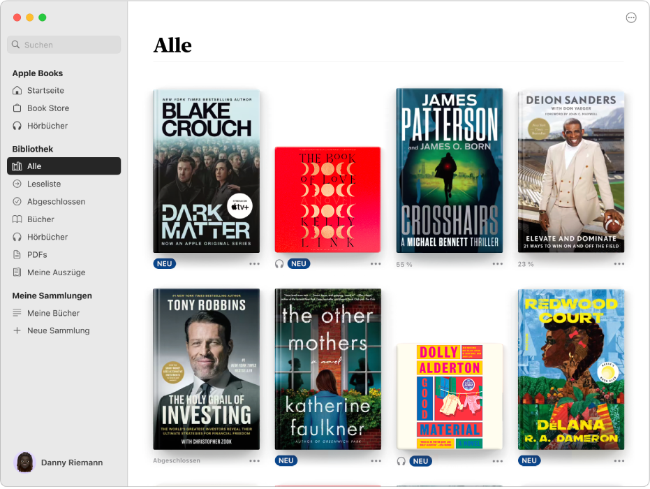 Ein Fenster der App „Bücher“ mit der in der Seitenleiste markierten „Alle“-Sammlung sowie allen Titeln aus dieser Sammlung auf der rechten Seite.