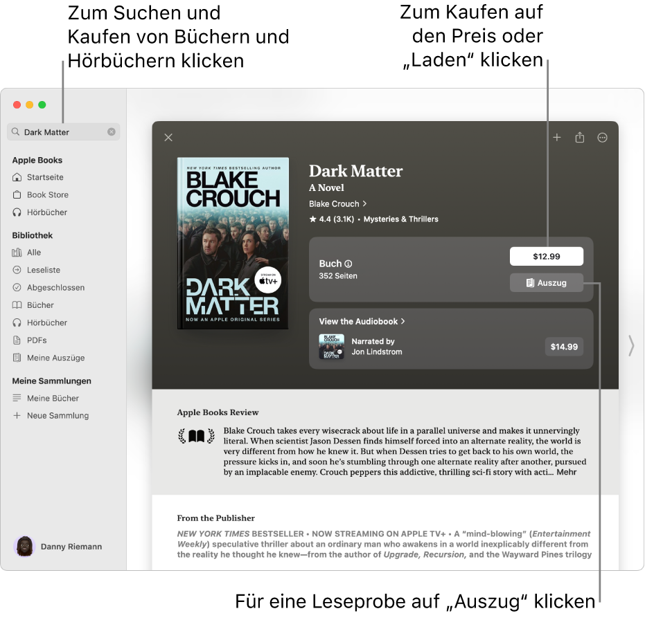 Ein Fenster mit einem Buchtitel im Suchfeld auf der linken Seite. Rechts wird die Seite des Buchs angezeigt zusammen mit Optionen, das Buch oder das Hörbuch zu kaufen oder es Probe zu lesen. Das Fenster enthält außerdem Rezensionen sowie eine Anmerkung des Verlags.