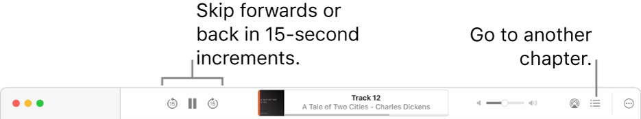 The audiobook player in Apple Books showing, from left to right, the Playback Speed button, the Skip Forwards, Pause and Skip Backwards buttons, the title and author of the currently playing audiobook, the Volume slider, the AirPlay button, the Table of Contents button and the More button.